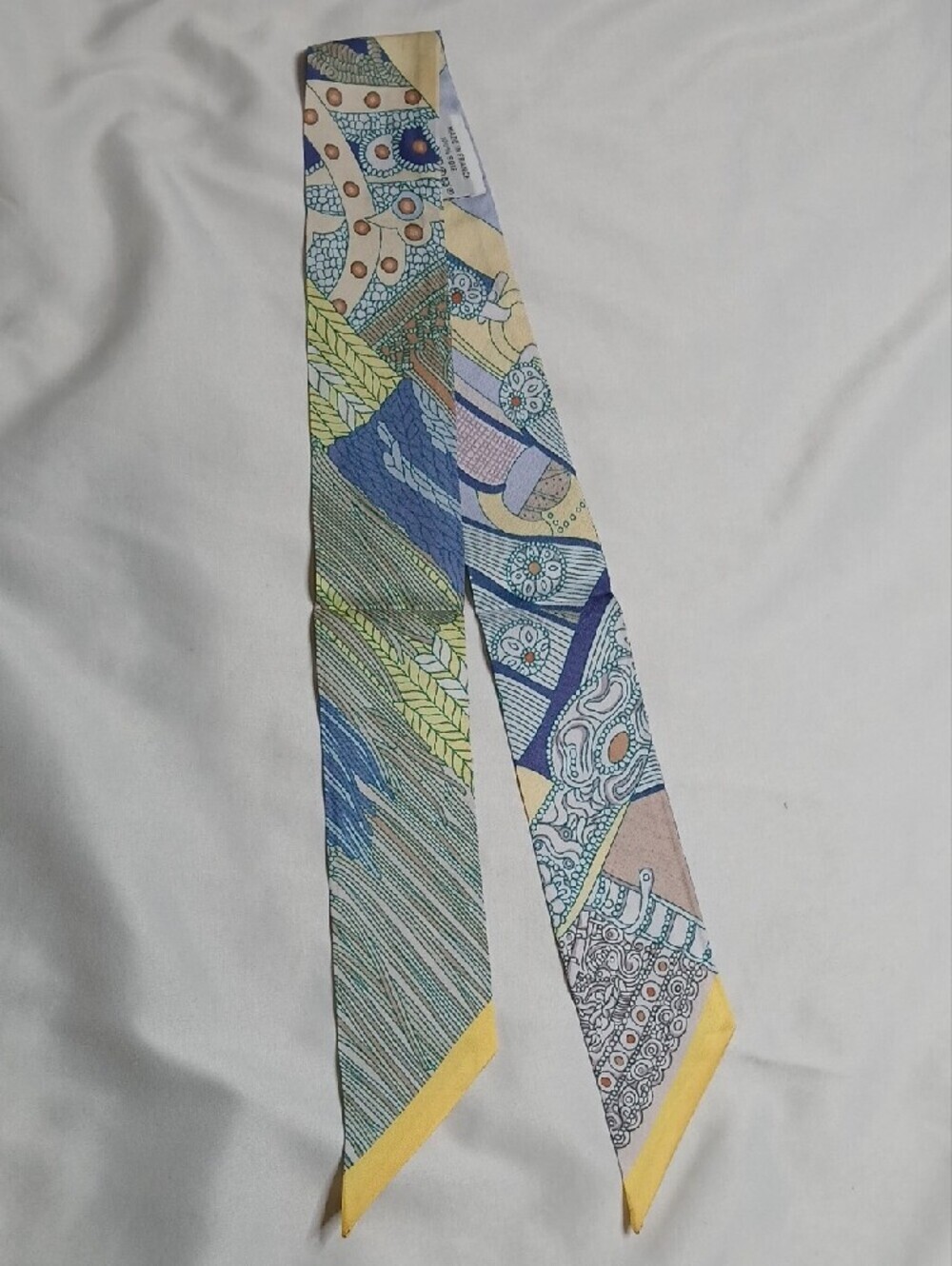 Hermes Twilly Silk Scarf in Pastel Blue, Yellow & Green - Picture 3 of 5